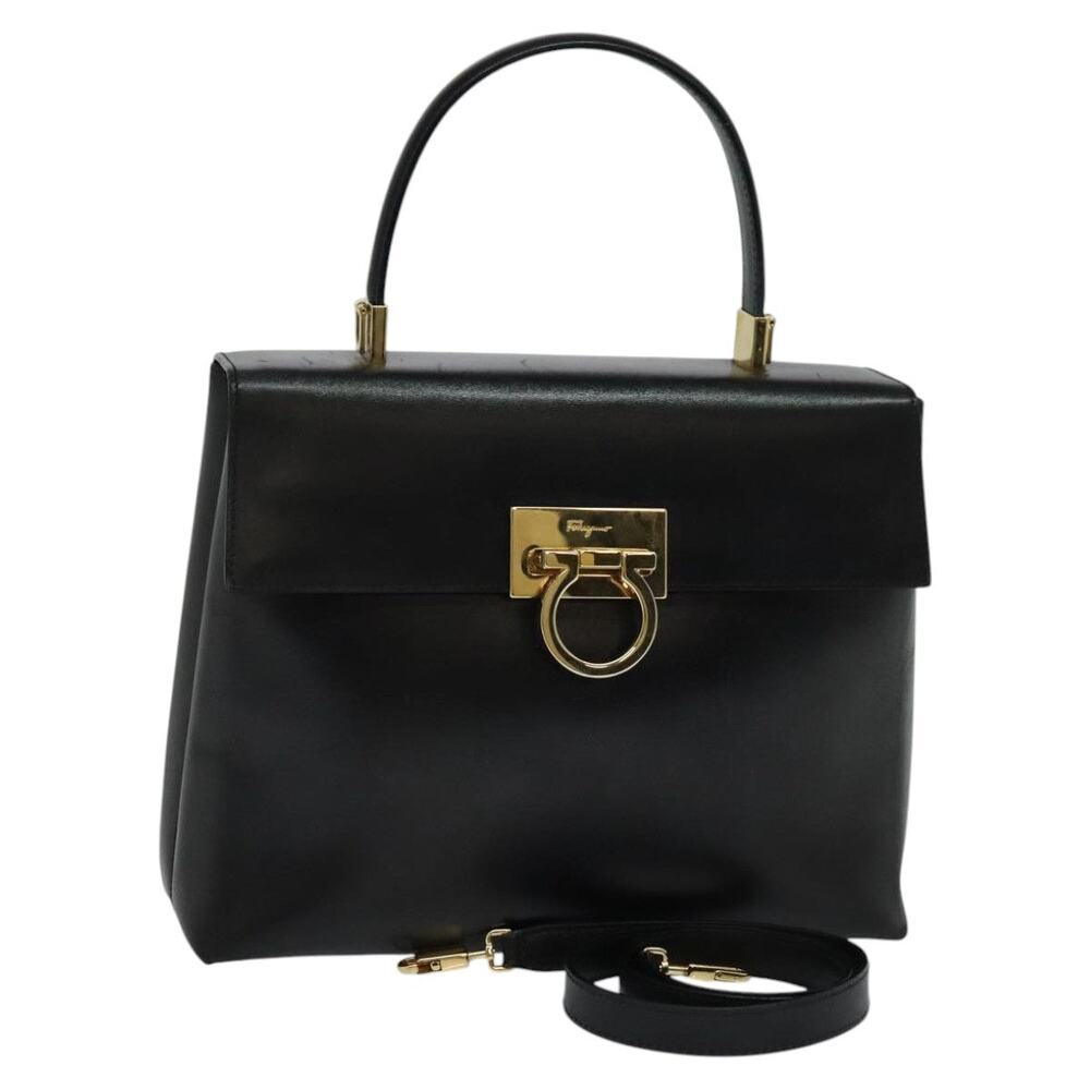 Salvatore Ferragamo Gancini Hand Bag Leather Black Gold